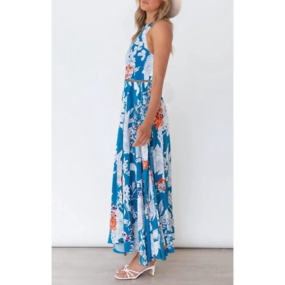 Boho Teal Blue Floral Printed Halter Neck Cut Out Flowy Long A-Line‎ Maxi Dress - Picture 5 of 7